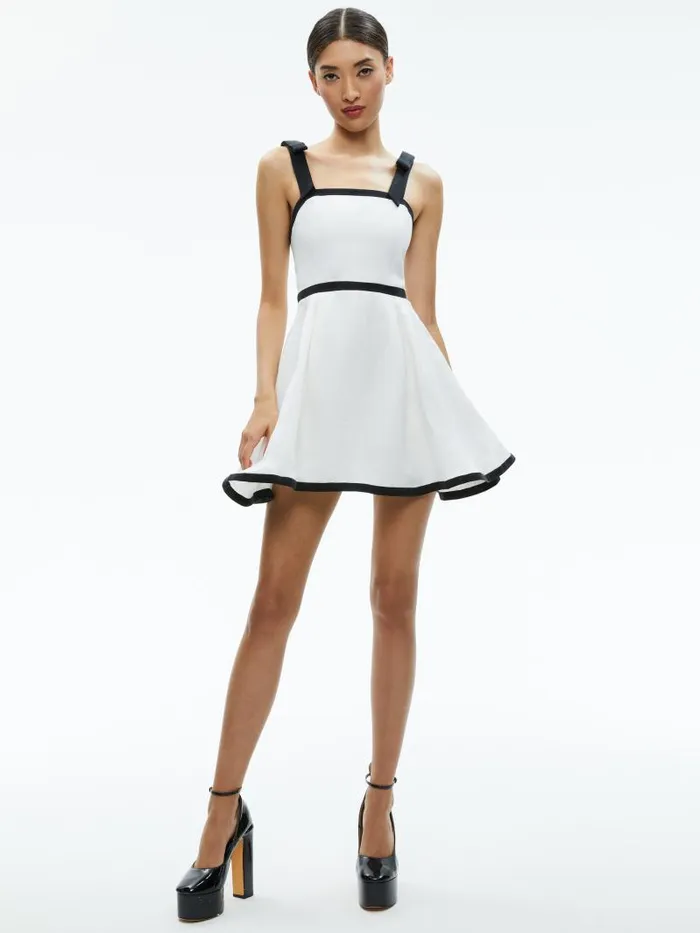 Alice Olivia ELOISA TIE SHOULDER MINI DRESS Off Whiteblack Women Dresses