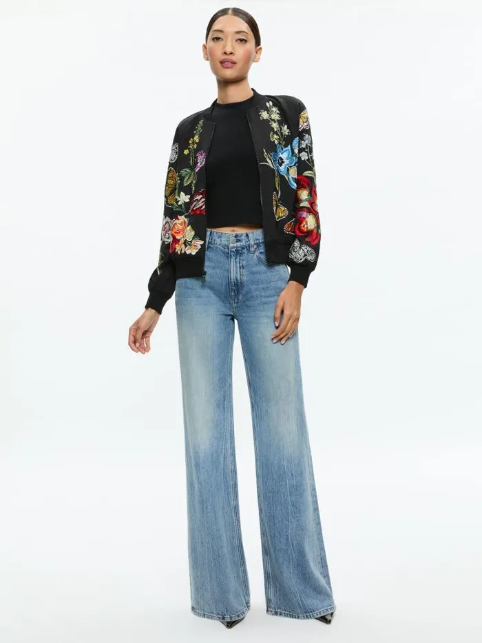 Alice Olivia FELISA EMBELLISHED VARSITY JACKET Le Parisien Black Women Jackets Coats