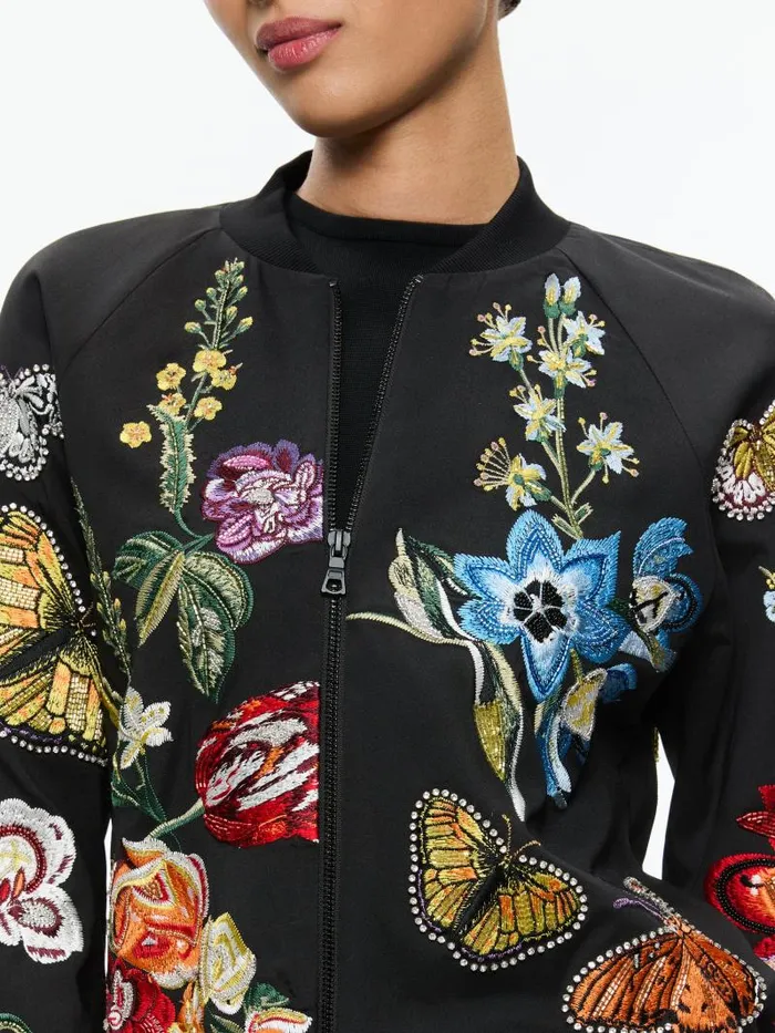 Alice Olivia FELISA EMBELLISHED VARSITY JACKET Le Parisien Black Women Jackets Coats