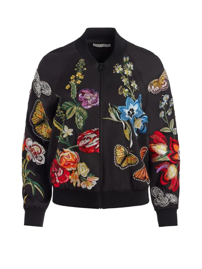 Alice Olivia FELISA EMBELLISHED VARSITY JACKET Le Parisien Black Women Jackets Coats