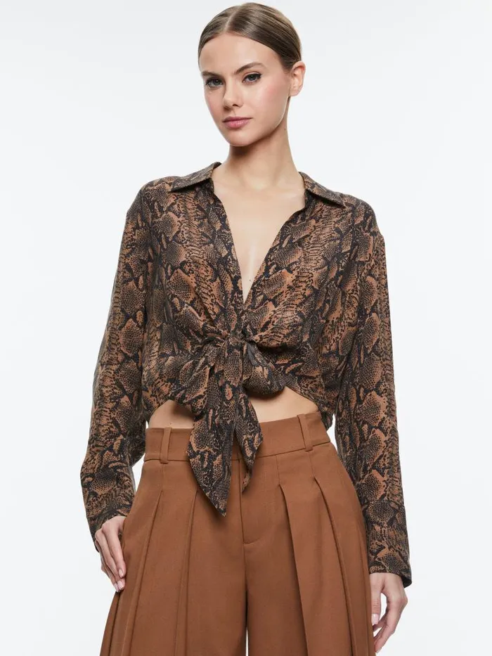 Alice Olivia HANNON TIE FRONT BLOUSE Camelblack Snake Women Tops