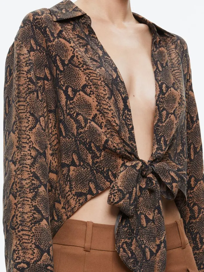 Alice Olivia HANNON TIE FRONT BLOUSE Camelblack Snake Women Tops