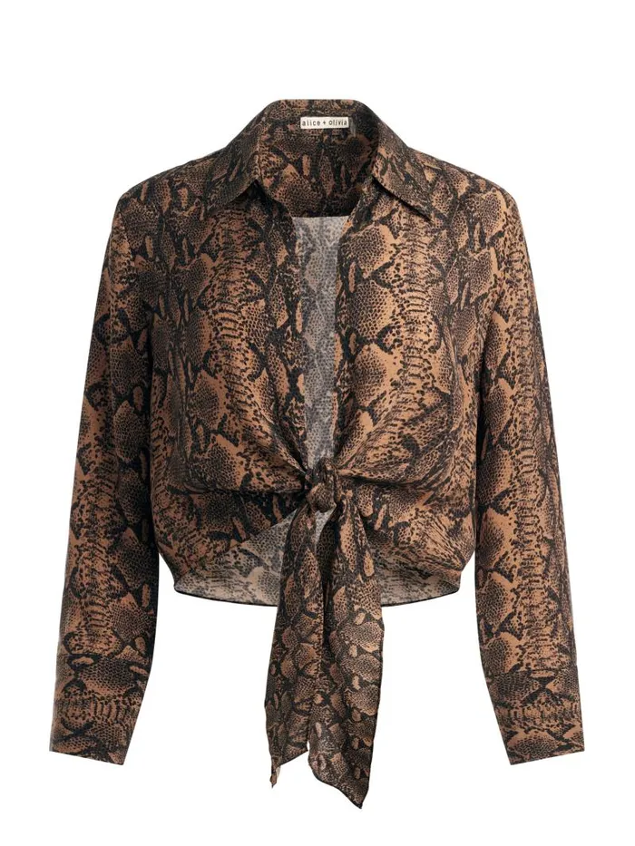 Alice Olivia HANNON TIE FRONT BLOUSE Camelblack Snake Women Tops