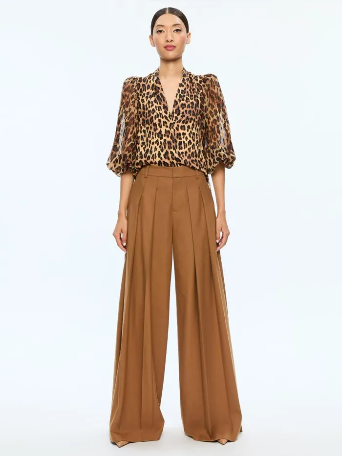 Alice Olivia ILAN BUTTON FRONT BLOUSE Spotted Leopard Dark Tan Women Tops