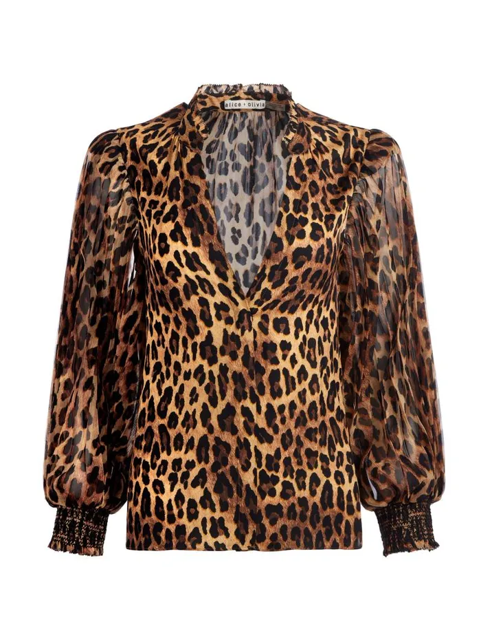 Alice Olivia ILAN BUTTON FRONT BLOUSE Spotted Leopard Dark Tan Women Tops