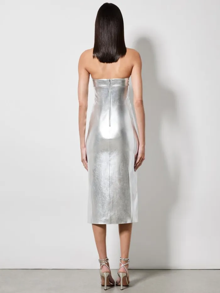 Alice Olivia KELLY VEGAN LEATHER HIGH SLIT MIDI DRESS Silver Women Dresses