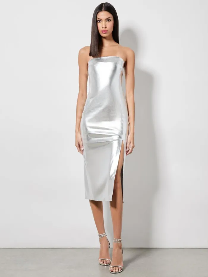 Alice Olivia KELLY VEGAN LEATHER HIGH SLIT MIDI DRESS Silver Women Dresses