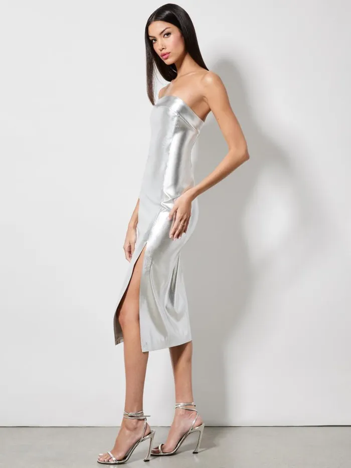 Alice Olivia KELLY VEGAN LEATHER HIGH SLIT MIDI DRESS Silver Women Dresses