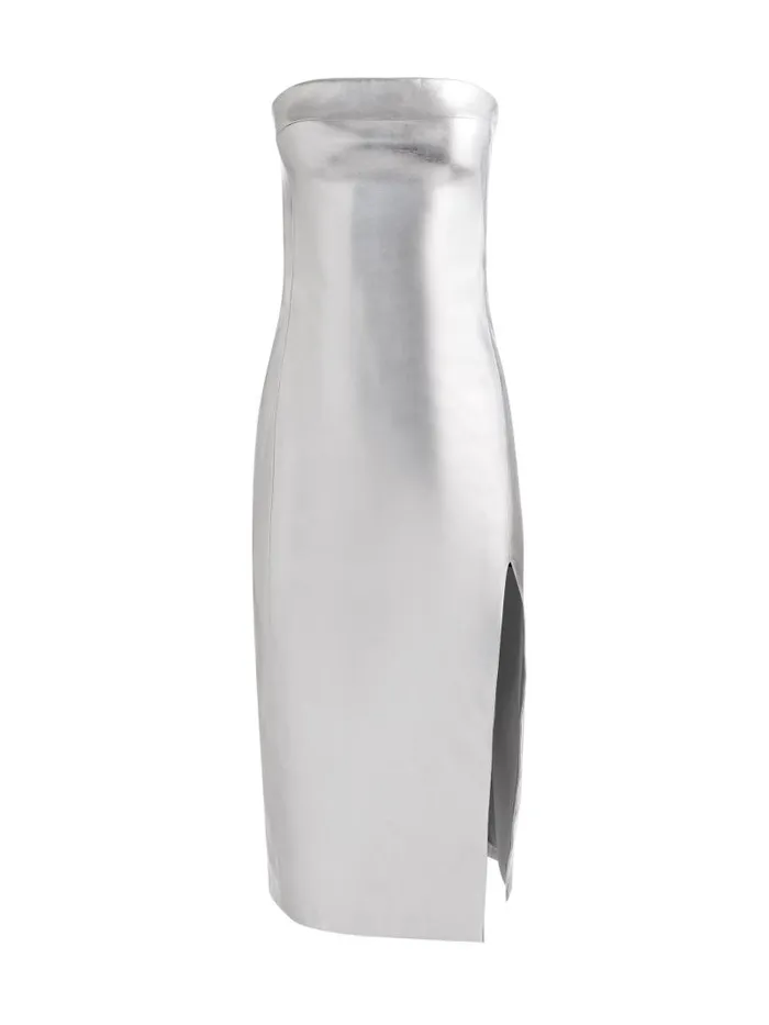 Alice Olivia KELLY VEGAN LEATHER HIGH SLIT MIDI DRESS Silver Women Dresses