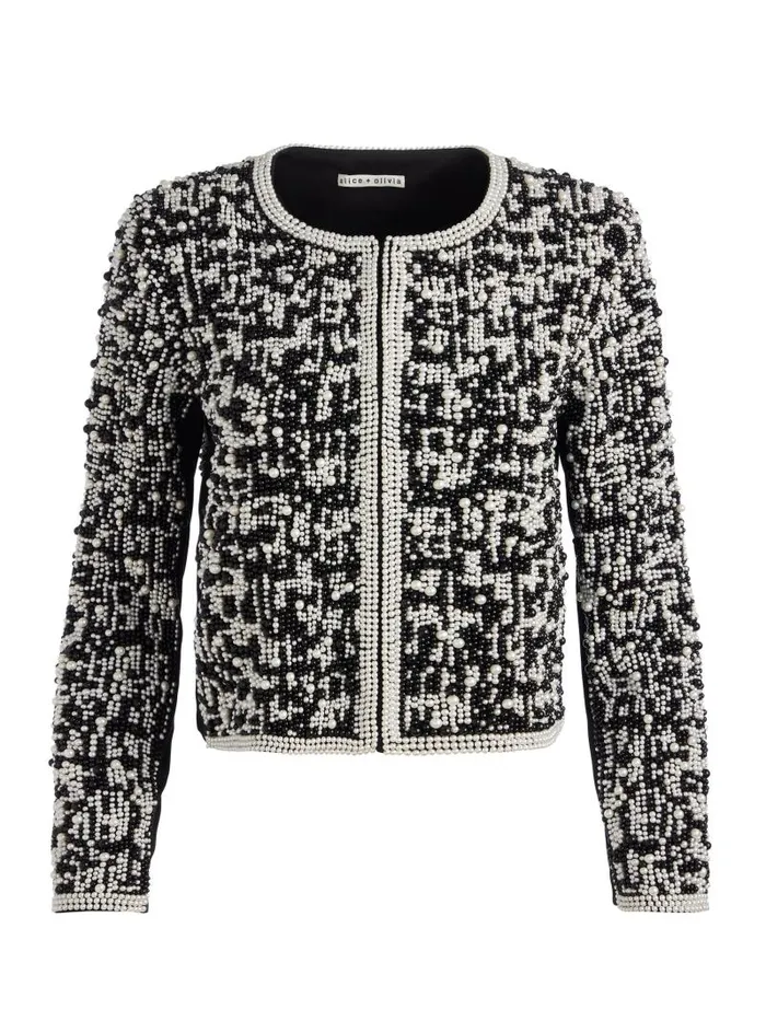 Alice Olivia KIDMAN BOXY PEARL EMBELLISHED JACKET Blackwhite Women Jackets Coats