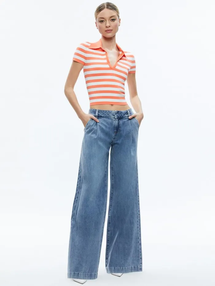 Alice Olivia MARTHA STRIPED POLO Coralsoft White Women Tops