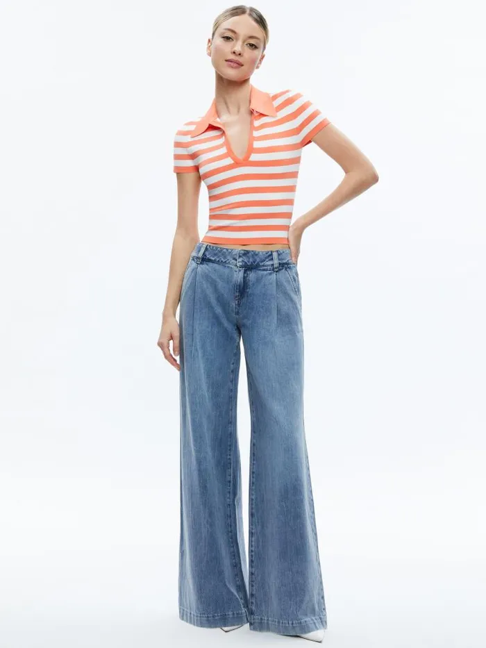 Alice Olivia MARTHA STRIPED POLO Coralsoft White Women Tops