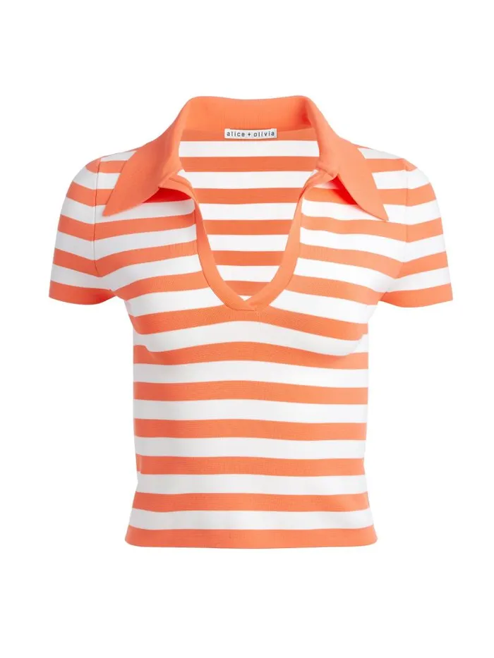 Alice Olivia MARTHA STRIPED POLO Coralsoft White Women Tops