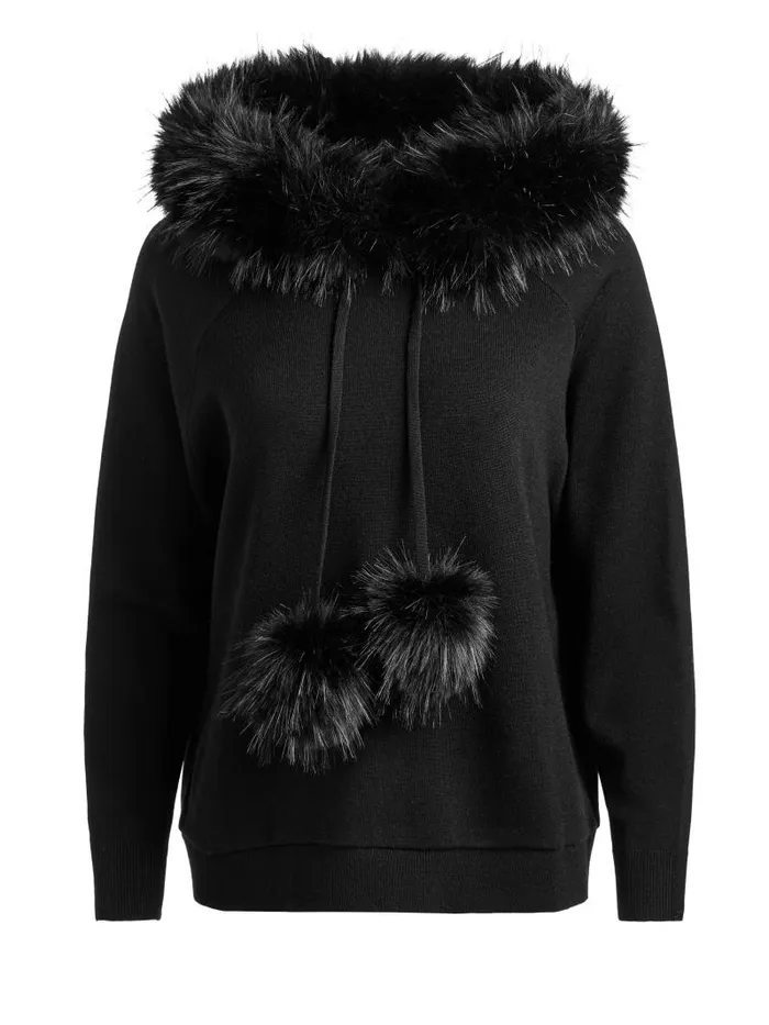 Alice Olivia OSCAR HOODIE WITH FAUX FUR TRIM Black Women Sweaters