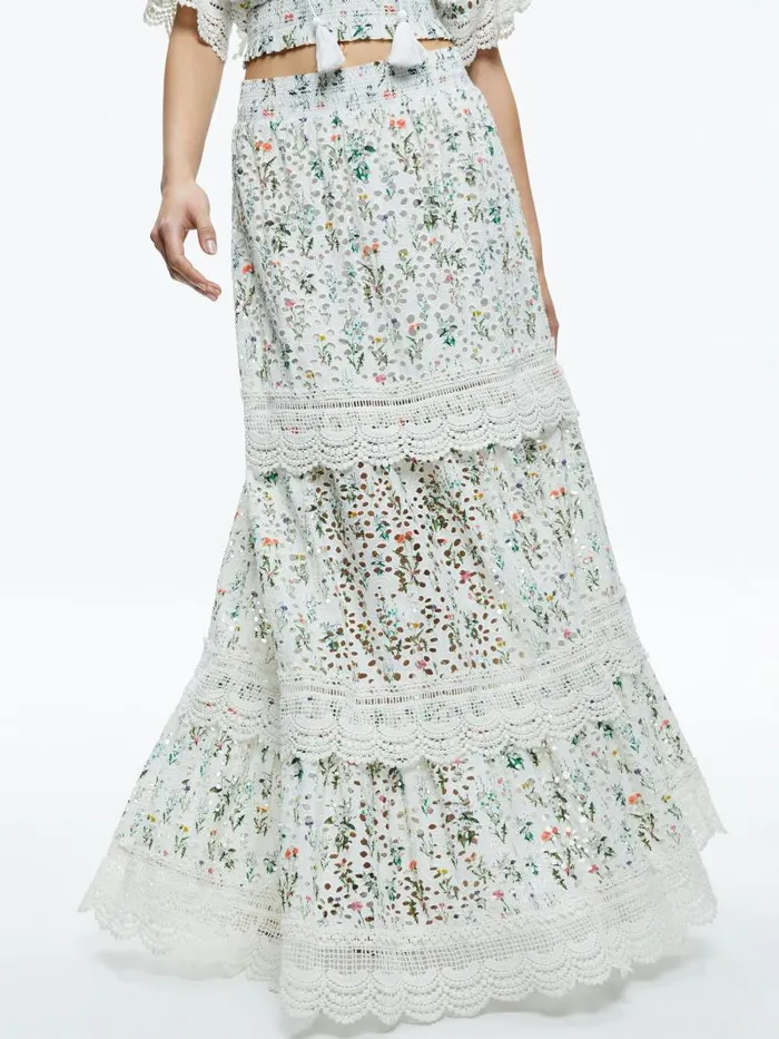 Alice Olivia REISE EMBROIDERED TIERED MAXI SKIRT Georgia Floral Women Skirts