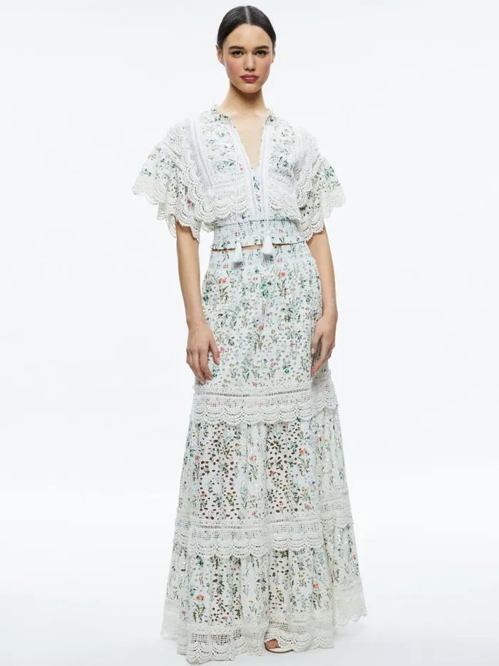 Alice Olivia REISE EMBROIDERED TIERED MAXI SKIRT Georgia Floral Women Skirts