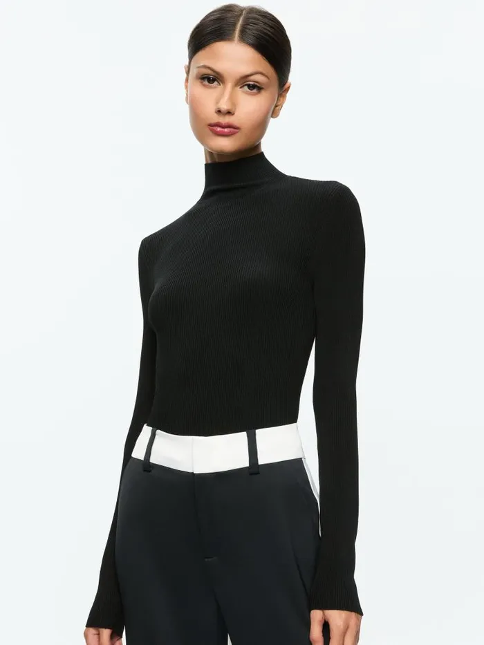 Alice Olivia ROBERTA LONG SLEEVE RIBBED TURTLENECK Black Women Tops