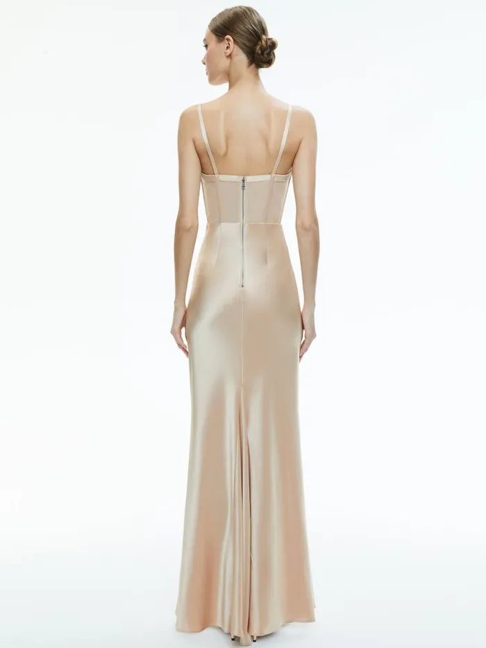 Alice Olivia VALENTINA DRAPED CORSET MAXI DRESS Almond Women Dresses