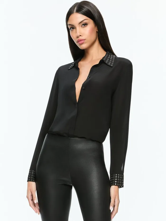 Alice Olivia WILLA OVERSIZED BUTTON DOWN WITH GROMMET DETAIL Black Women Tops