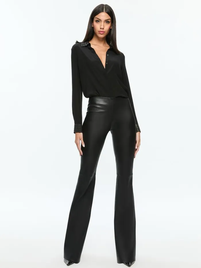 Alice Olivia WILLA OVERSIZED BUTTON DOWN WITH GROMMET DETAIL Black Women Tops