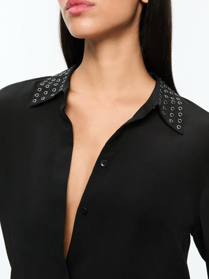 Alice Olivia WILLA OVERSIZED BUTTON DOWN WITH GROMMET DETAIL Black Women Tops
