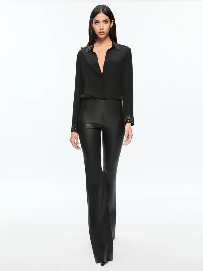 Alice Olivia WILLA OVERSIZED BUTTON DOWN WITH GROMMET DETAIL Black Women Tops