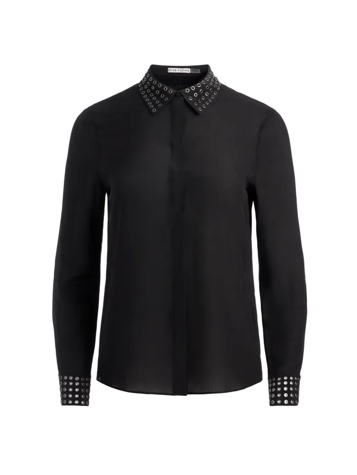 Alice Olivia WILLA OVERSIZED BUTTON DOWN WITH GROMMET DETAIL Black Women Tops
