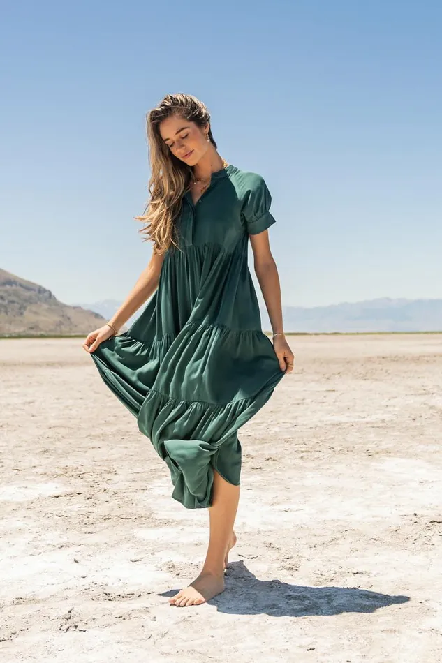 Amanda Tiered Dress In Emerald Emerald Women Bohme Dresses