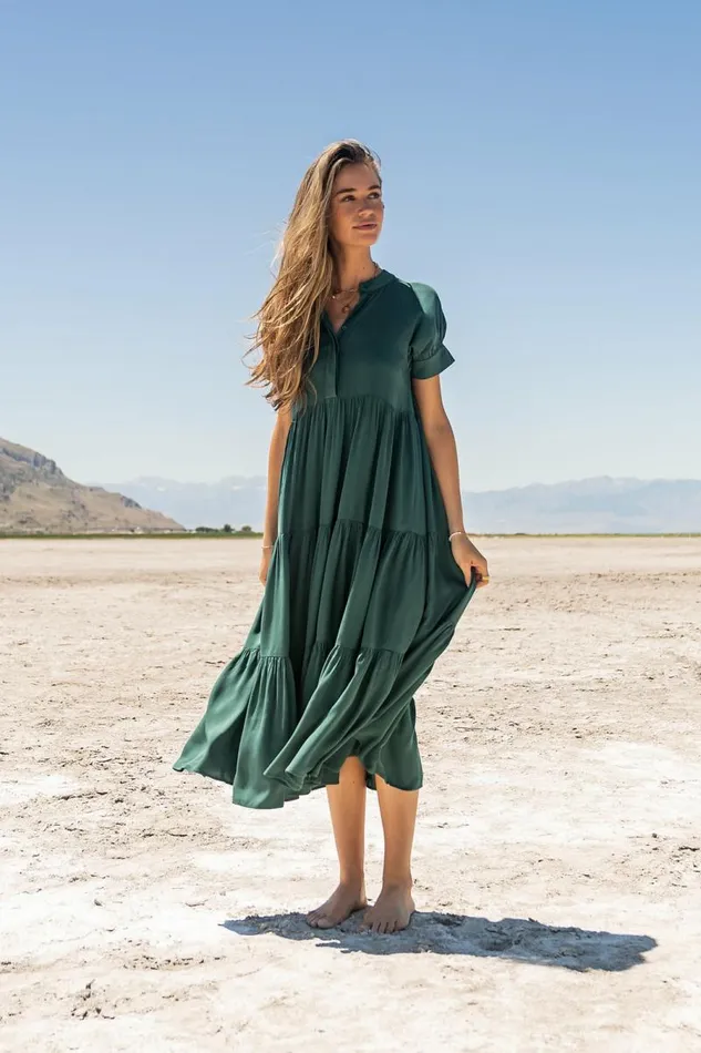 Amanda Tiered Dress In Emerald Emerald Women Bohme Dresses