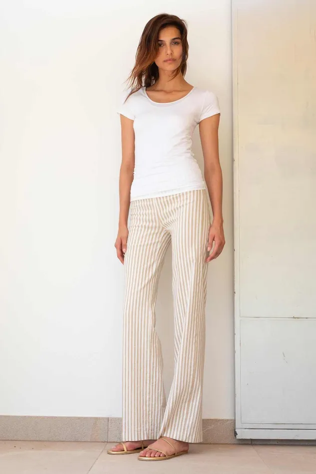 Avenue Montaigne FLAVIA Linen Stripes Bengal Beige Women Pants