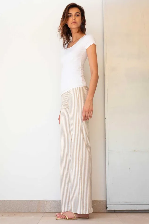 Avenue Montaigne FLAVIA Linen Stripes Bengal Beige Women Pants Avenue Montaigne FLAVIA Linen Stripes Bengal Beige Women Pants