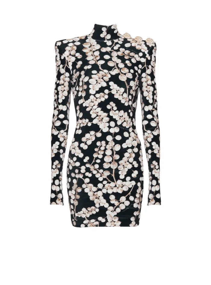 Backless Velvet Dress With Redcurrant Print Black Women Balmain Dresses