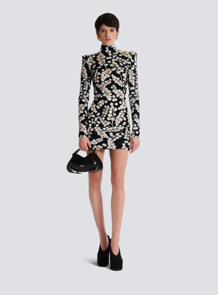 Backless Velvet Dress With Redcurrant Print Black Women Balmain Dresses