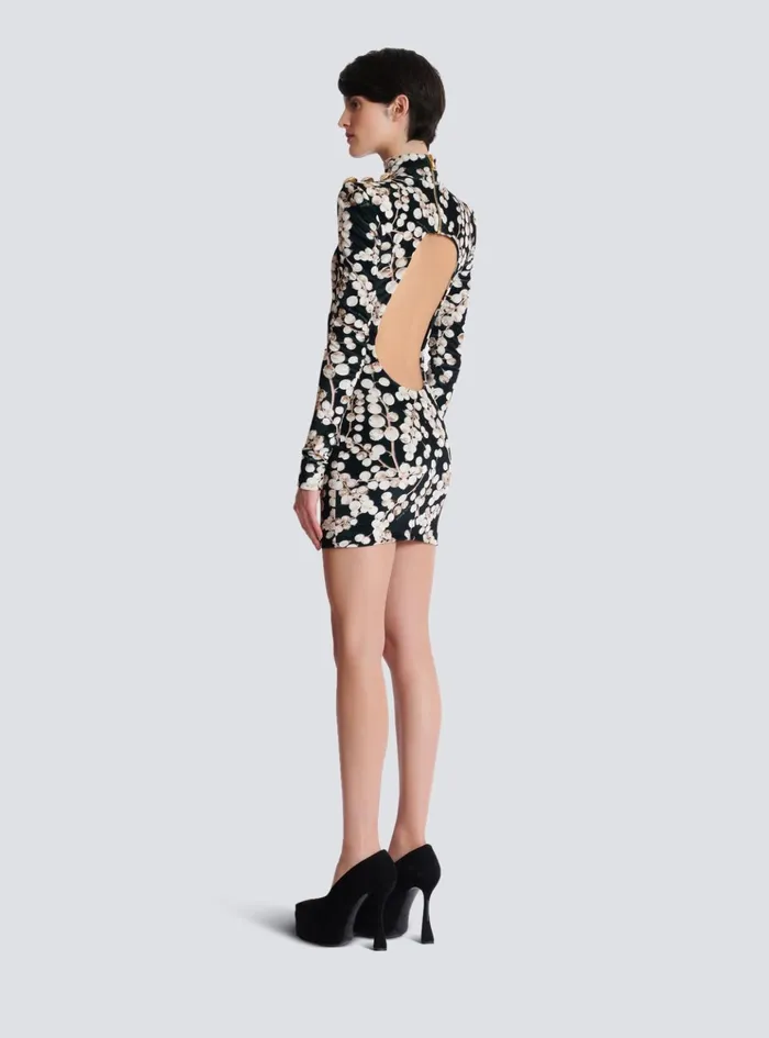 Backless Velvet Dress With Redcurrant Print Black Women Balmain Dresses