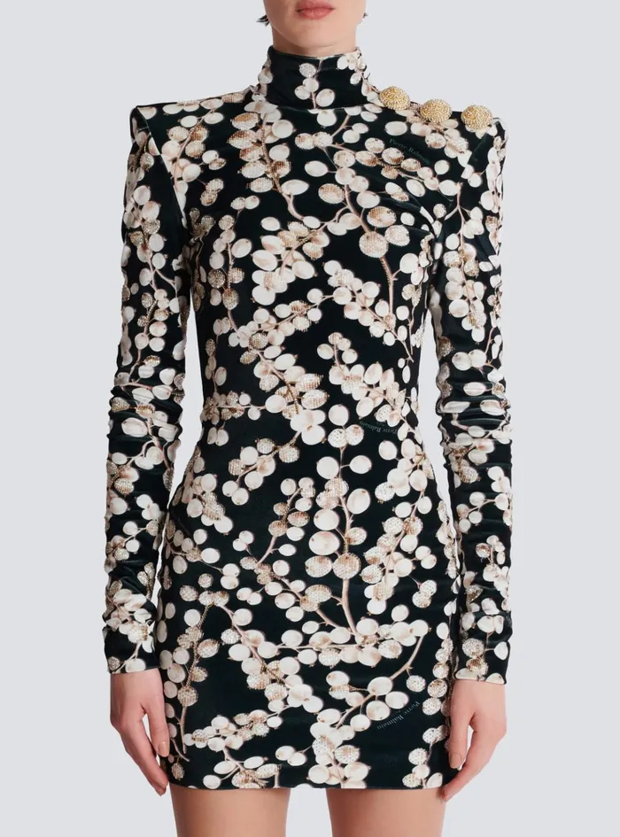 Backless Velvet Dress With Redcurrant Print Black Women Balmain Dresses