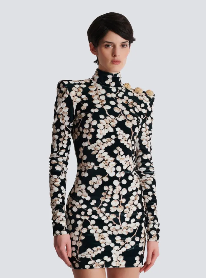 Backless Velvet Dress With Redcurrant Print Black Women Balmain Dresses