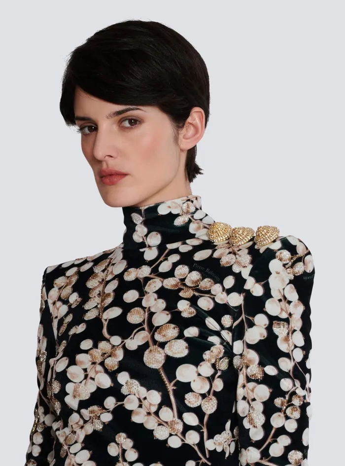 Backless Velvet Dress With Redcurrant Print Black Women Balmain Dresses