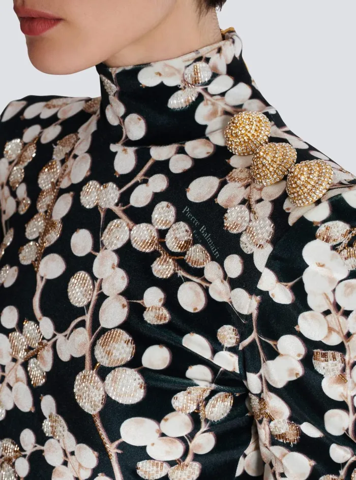 Backless Velvet Dress With Redcurrant Print Black Women Balmain Dresses