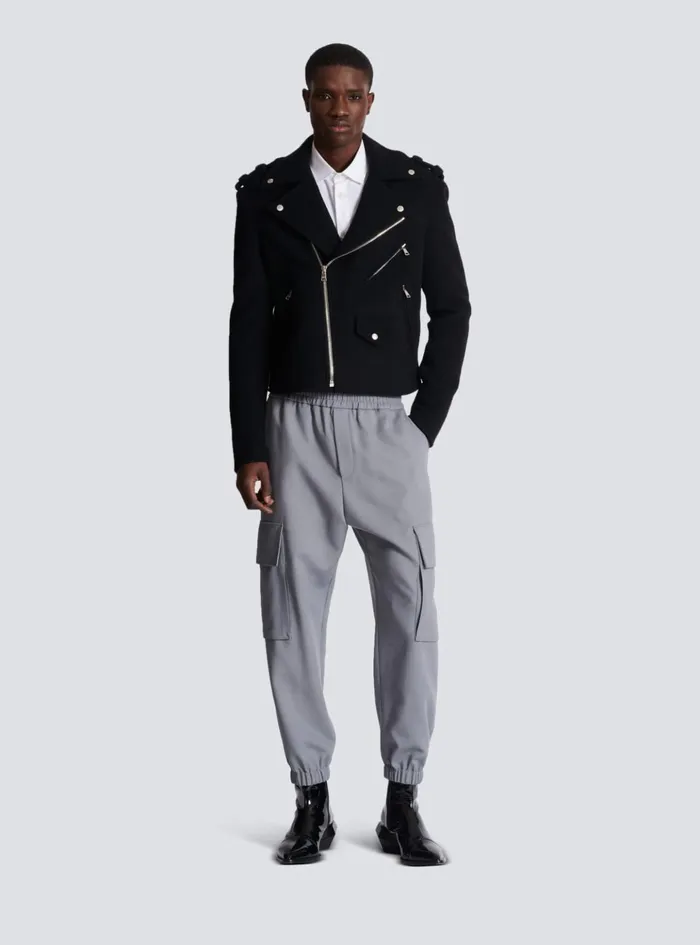 Biker Jacket In Felted Wool Black Men Balmain Outerwear