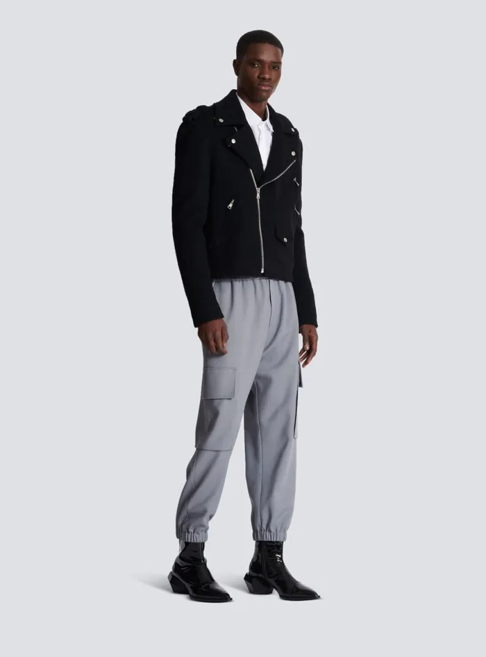 Biker Jacket In Felted Wool Black Men Balmain Outerwear