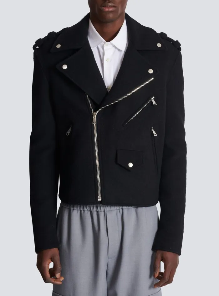 Biker Jacket In Felted Wool Black Men Balmain Outerwear