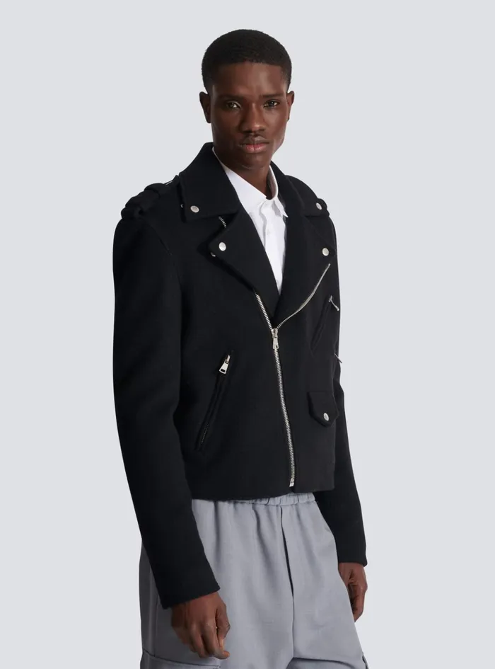 Biker Jacket In Felted Wool Black Men Balmain Outerwear
