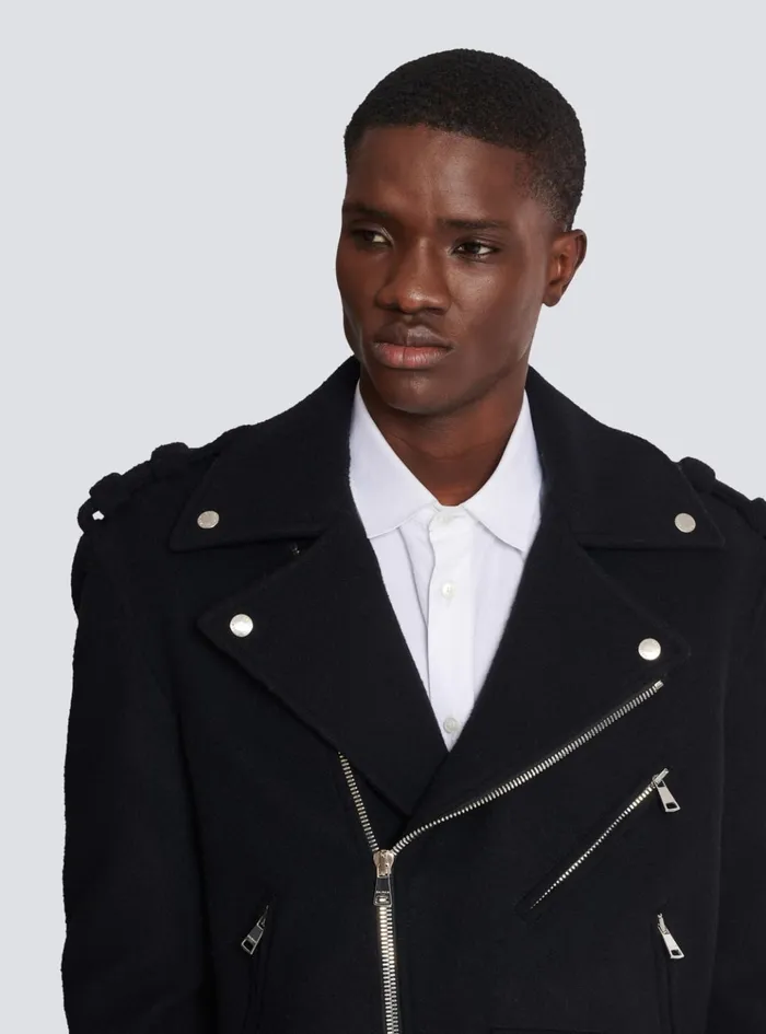 Biker Jacket In Felted Wool Black Men Balmain Outerwear
