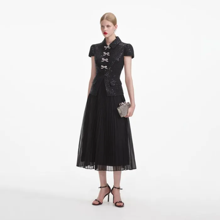 Black Boucle Bow Midi Dress Women Self Portrait Dresses Black Boucle Bow Midi Dress Women Self Portrait Dresses