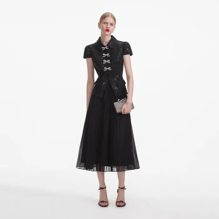 Black Boucle Bow Midi Dress Women Self Portrait Dresses Black Boucle Bow Midi Dress Women Self Portrait Dresses
