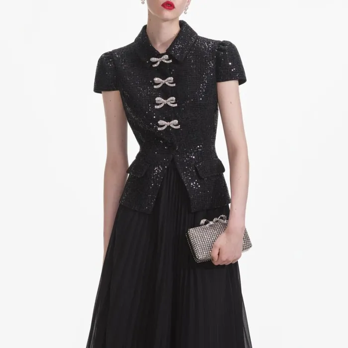 Black Boucle Bow Midi Dress Women Self Portrait Dresses Black Boucle Bow Midi Dress Women Self Portrait Dresses