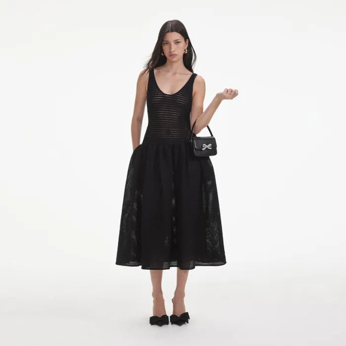 Black Crochet Knit Midi Dress Women Self Portrait Dresses
