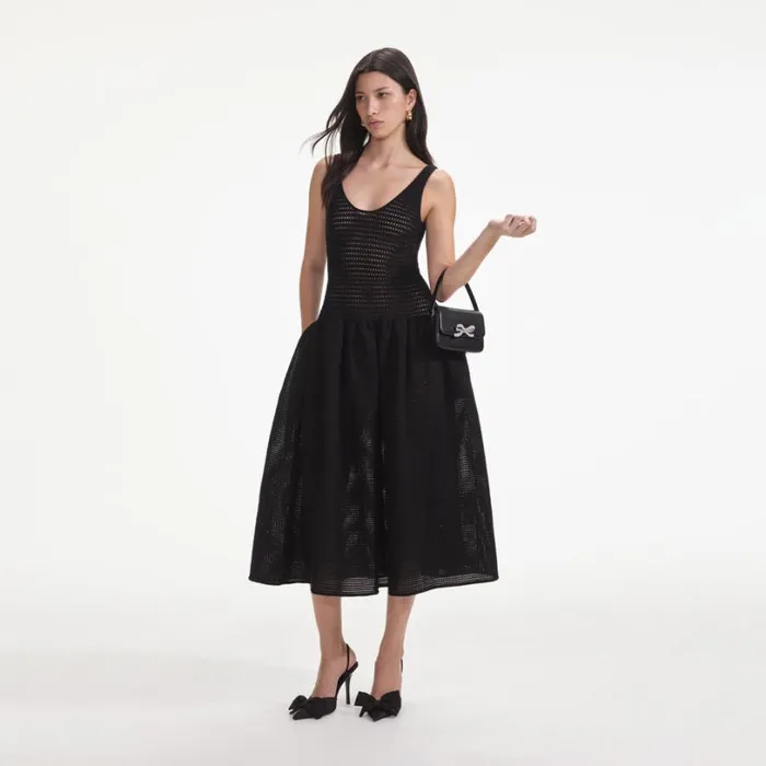 Black Crochet Knit Midi Dress Women Self Portrait Dresses Black Crochet Knit Midi Dress Women Self Portrait Dresses