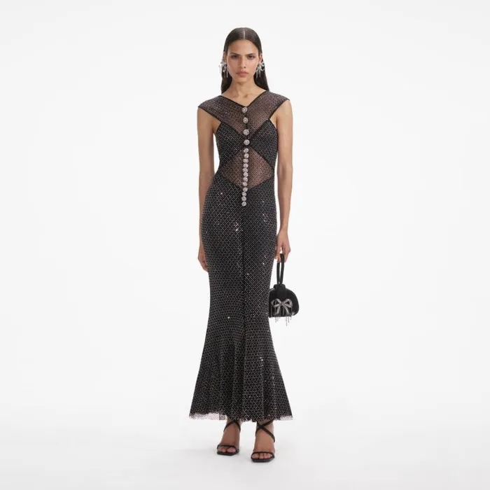 Black Rhinestone Fishnet Crossover Midi Dress Women Self Portrait Dresses