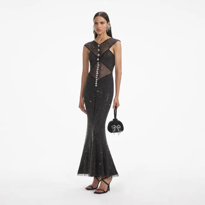 Black Rhinestone Fishnet Crossover Midi Dress Women Self Portrait Dresses